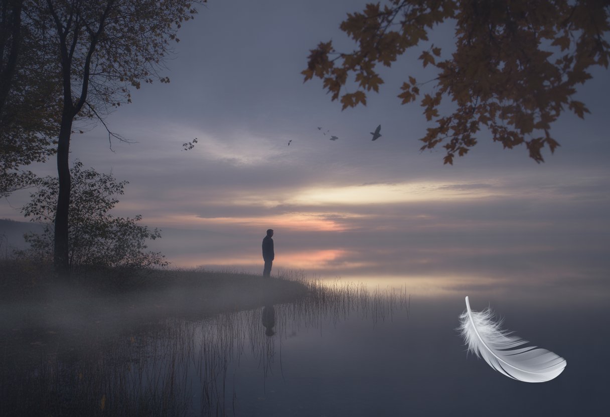 A solitary person stands by a misty lake at sunset, surrounded by autumn leaves and soft light, looking towards the horizon.