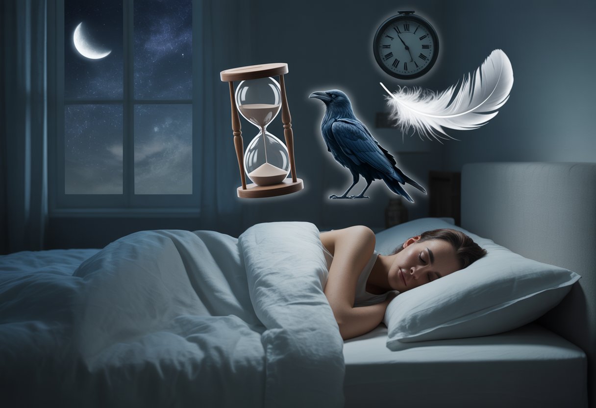 A person sleeping peacefully in a dimly lit bedroom with symbolic elements like an hourglass, feather, raven silhouette, and clock floating above them, under a night sky with a crescent moon.