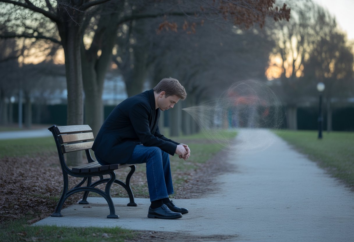 A person sitting alone on a park bench at twilight, looking thoughtful and somber, surrounded by bare trees and fallen leaves along a quiet pathway.