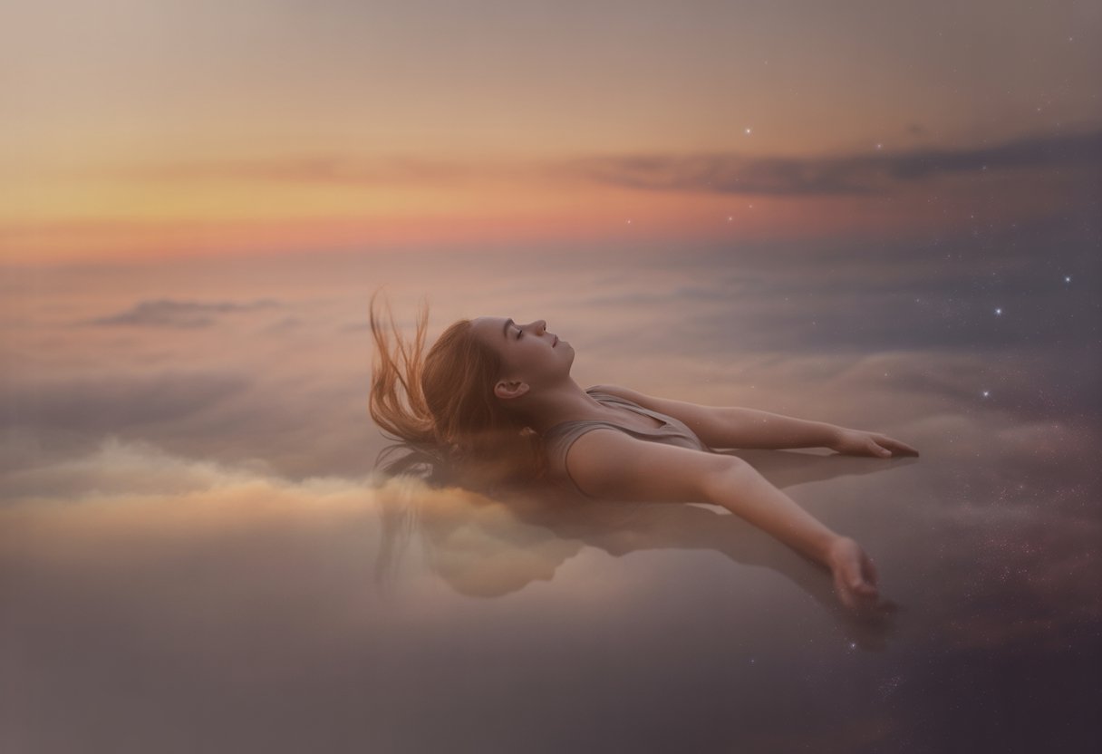 A person gently falling through a soft, cloudy sky at twilight with a peaceful expression.