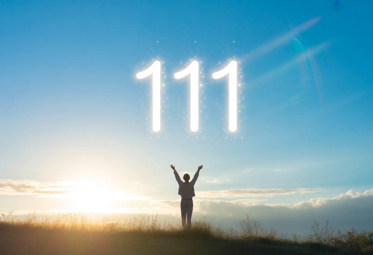 A person standing on a hilltop with arms raised towards a bright sunrise sky, surrounded by soft glowing light and clouds.