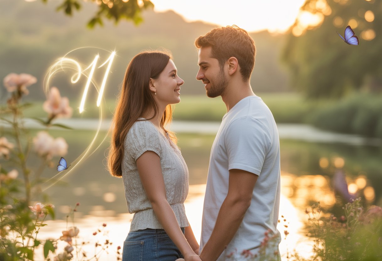 A loving couple holding hands and looking at each other by a peaceful lakeside at sunrise with soft sunlight and flowers around them.