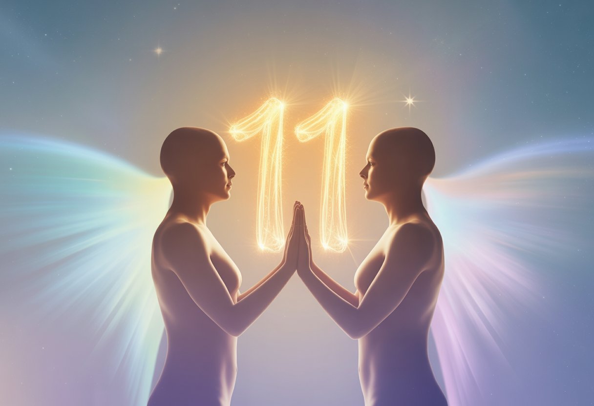 Two glowing human silhouettes facing each other with a soft golden light forming the number 111 between them, set against a cosmic background with stars and gentle light rays.