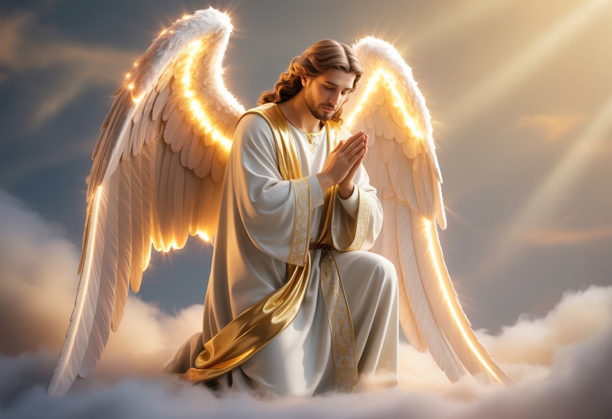 An angel with golden wings dressed in white and gold robes praying with hands clasped, surrounded by soft glowing light and a cloudy background.