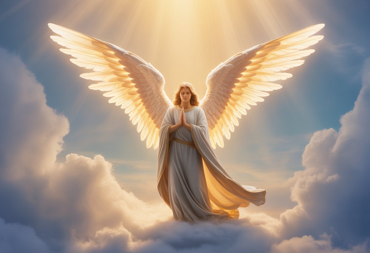 A glowing angel with large wings surrounded by soft light and clouds, symbolizing wisdom and divine guidance.