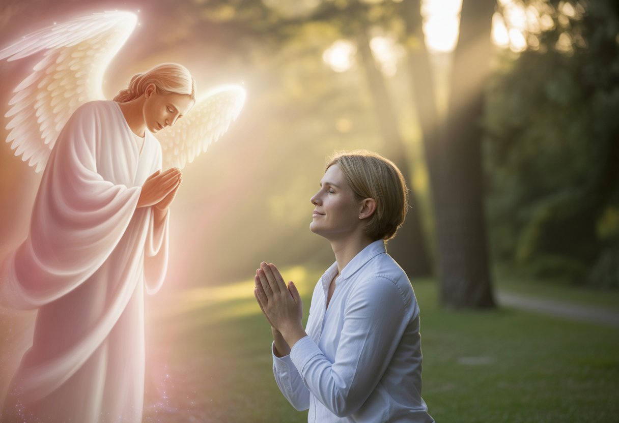A person praying peacefully outdoors with soft sunlight and gentle pink light suggesting the presence of a compassionate angel.
