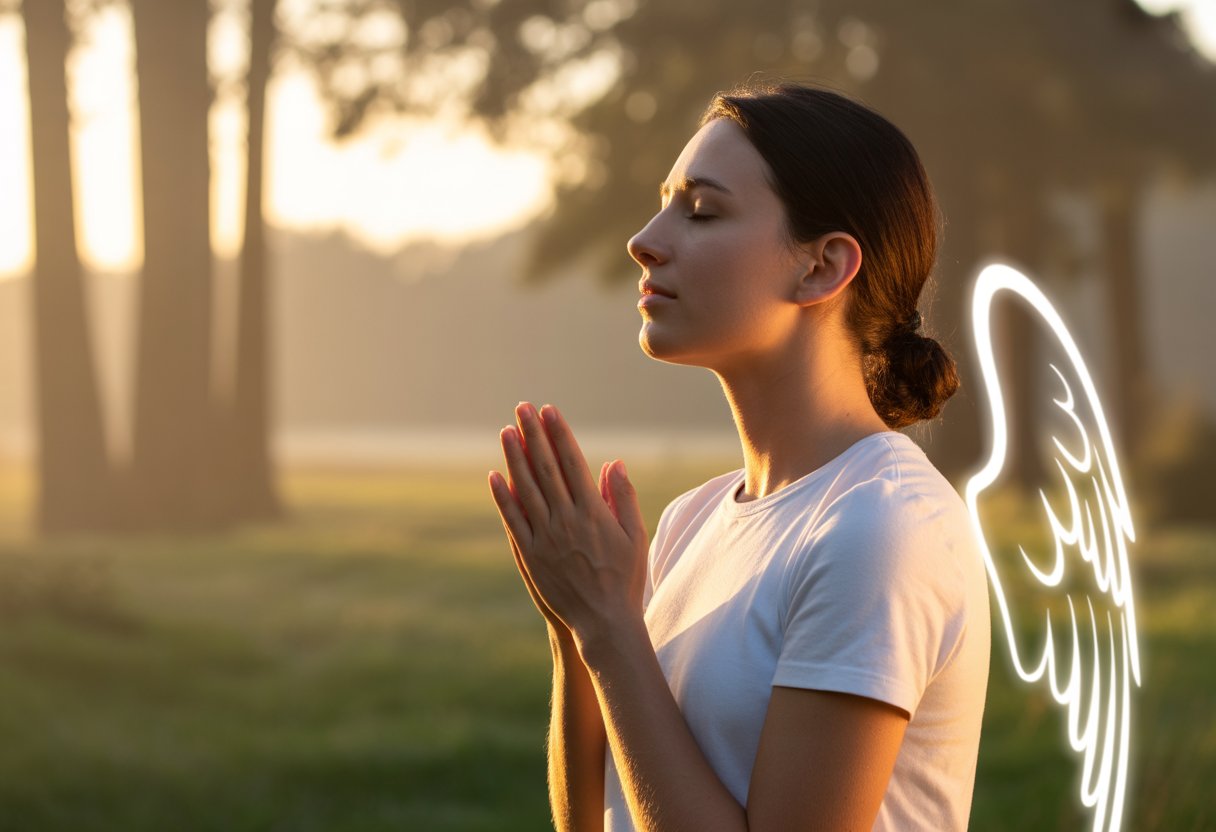 A person praying outdoors at dawn surrounded by soft glowing light and faint angelic figures symbolizing protection.