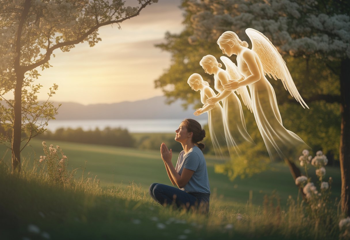 A person praying outdoors at sunset with faint, glowing guardian angels watching over them in a peaceful natural setting.